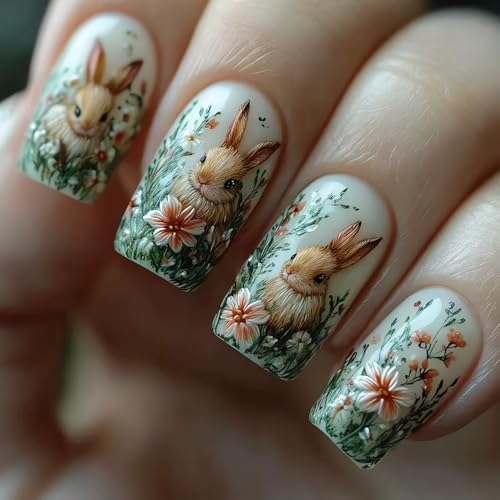 SINSEN Flower Press on Nails Short, Square Shape Spring Fake