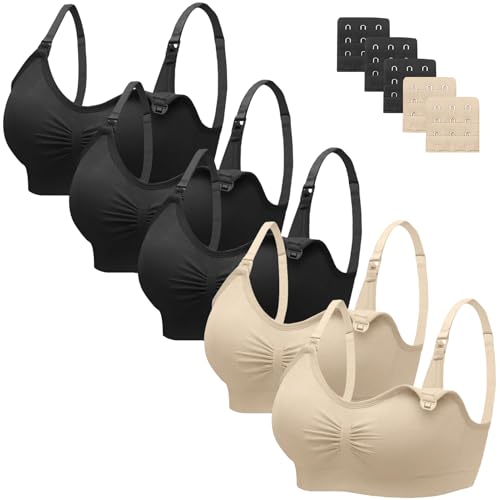 Image of Angelhood Nursing Bra 5 Pack Womens Maternity Breastfeeding Bra Seamless Wireless Sleep Bra with Bra Extenders