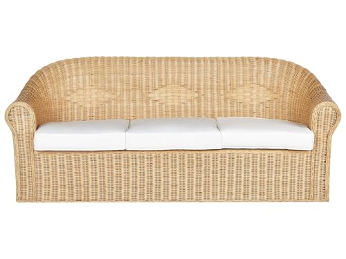 Beliani 3-Sitzer Gartensofa Rattan natürlich mit Kissen weiß Outdoor & Indoor Livadeia