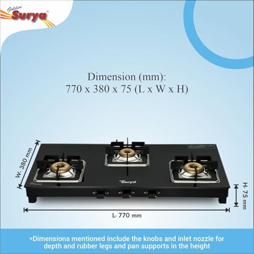 Image of Golden Surya 3 Burner Toughened Glass Gas Stove (CXJ-32 MS Pride) | Manual Ignition | ISI Certified | 18 Months Warranty | LPG Cooktop for Kitchen