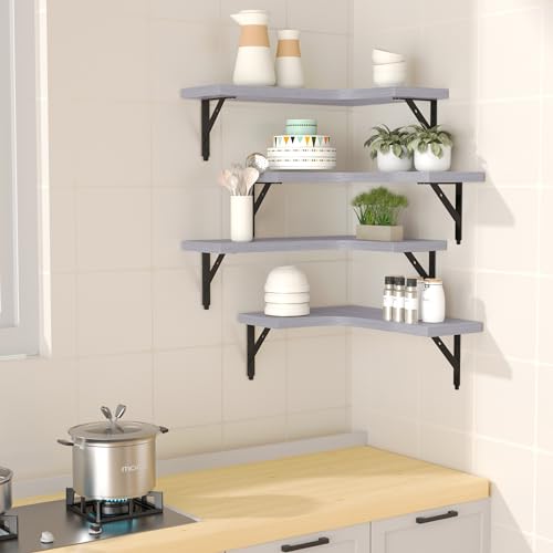 Image of ROMGUAR CRAFT Corner Floating Shelves Wall Mounted Set of 4, Rustic Wood Storage Display Shelves for Home Decor, Bathroom, Kitchen, Bedroom, Living Room, Office (Light Grey)