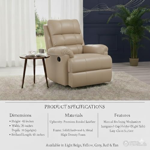 Image of Solis Royale 1 Seater Recliner Sofa Chair | Manual Recliner Lounge Sofa Chairs for Relaxing | Comfortable Cushioned | Living Room Bedroom Home, Office (Amnet - Beige, Amnet - Leatherette)