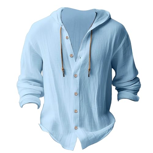 Cotton Linen Button Down Shirt for Men Long Sleeve Oversized Outdoors Cardigan Casual Drawstring Solid Travel Hoodie2