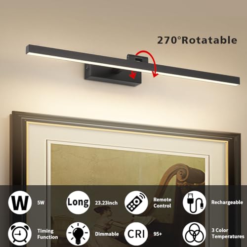 Image of Joosenhouse Battery Operated Picture Light, Wireless Gallery Light with Remote Control and Timer Off, 10000mAh Rechargeable Painting Art Light, 23.23 Inch Dimmable Black Wall Sconce
