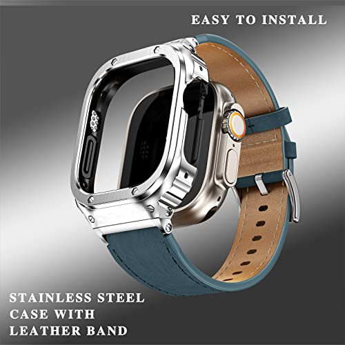 Suplink Metal Case with Leather Watch Strap Compatible Apple Watch Straps 49mm,Stainless Steel Rugged Protector Cover Bumper Genuine Leather Band for iWatch Ultra 2/1(Blue/Silver,49mm) - Image 4
