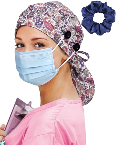 Image of Satin Lined Scrub Cap for Women Extra Large Long Hair Surgical Nurse Cap 4 Buttons