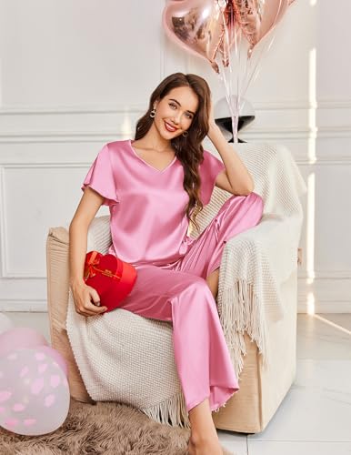 Image of Ekouaer Women's Satin Silky Pajama Set 2 Piece Short Sleeve Shirt with Long Pants Pjs Sets Soft PJ Loungewear S-XXL