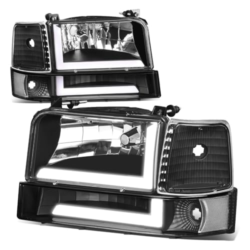 Auto Dynasty 3D LED DRL Headlight & Bumper Lamp Set Compatible with 1992-1996 Ford F-150 F-250 F-350 Bronco, Driver & Passenger Side, Black Clear