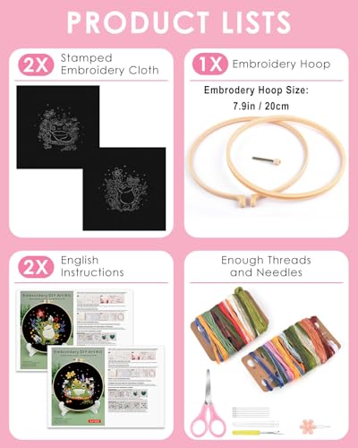 Image of TINDTOP 2 Pack Embroidery Kit for Adult, Embroidery DIY Starter Kit, with Stamped Patterns, Hoop, Tools, Colorful Threads with Needles, Instructions (Frog) | with Stamped Patterns, Hoop, Tools, Colorful Threads with Needles, Instructions (Frog)