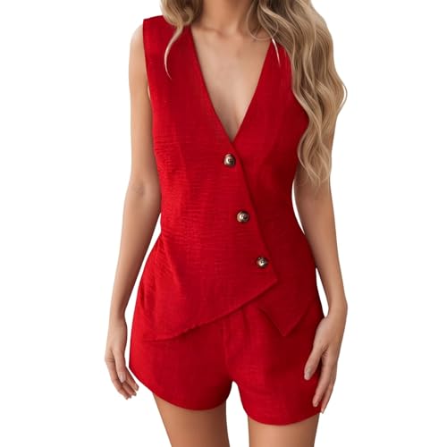Dasongff Conjuntos de 2 piezas para las mujeres pantalones traje cuello en V cinturón Blazer chaleco y pantalones cortos conjuntos rectos trajes casuales para el trabajo, rojo, XL