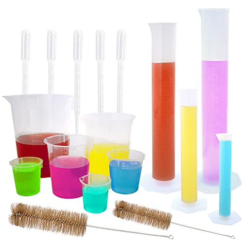 Plastic Graduated Cylinders and Beakers 10ml 25ml 50ml 100ml Cylinders with 30ml 50ml 100ml 250ml 500ml 1000ml Plastic Beakers 2 Brushes 5 Droppers Great for Home School Science Lab