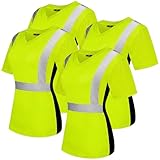 Floraltop 4 Pcs Women High Visibility Safety Shirts Class 2 Hi Vis T-shirt Safety Workwear Work Construction Short Sleeve(L,Fluorescein)