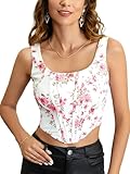SOLY HUX Women's Floral Print Bustier Crop Tank Top Zip up Square Neck Sleeveless Corset Tops Pink and White S