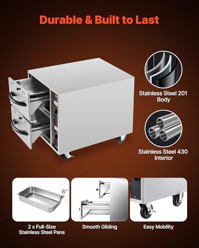 Image of VEVOR Commercial Electric Drawer Warmer,2 Full-Size Pan Stainless Steel Food Warmer,Freestanding Standard Warming Drawer Cabinet,85F-185F Wide Temperature Range,for Restaurant, Hotel Buffet & Bakery