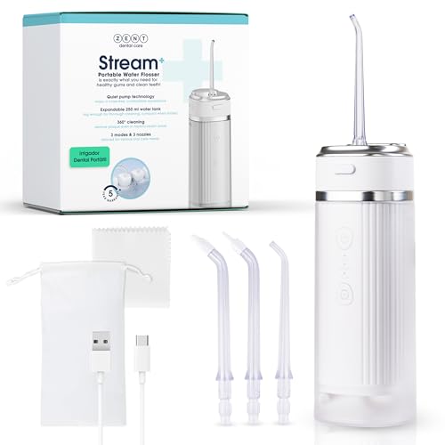 ZENT Irrigador dental portatil, Irrigador Bucal viaje con tecnología rotativa avanzada de 360°, 3 Boquillas, Presión ajustable, Limpia quitar sarro dientes, Batería duradera, IPX7 Impermeable, Blanco