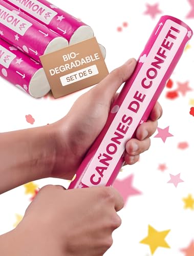 5 Cañones de Confeti Cumpleaños para Niñas - Con Confeti de Estrellas en Rosa - Confeti Biodegradable FSC® - Sencillo y Seguro