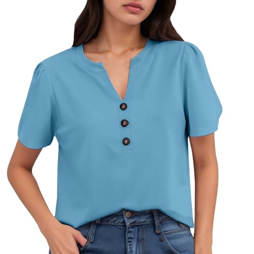 Women's Summer Short Sleeve Casual Shirt Solid Color T Shirt Stylish Lightweight Top Women Casual Shirts (Light Blue, L)