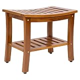 Teak Waterproof Bench - Indoor Outdoor Wood Bench with Shelf, Shower Bench for Elderly, Indoor and O