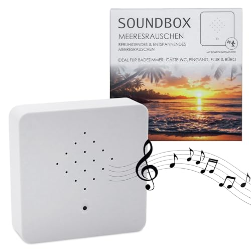 Spetebo Soundbox weiß mit Meeresrauschen - 12 cm - Lautsprecher mit beruhigendem Wellenrauschen - Deko Box mit Naturgeräuschen Maritim Wasser Sound 2 Meter Sensor für Bad Spa Gäste WC und Entspannung
