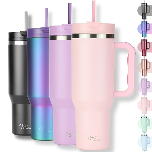 Milu Thermobecher 1,2L mit Strohhalm und Henkel – 48h Eis/24h kalt/12h heiß Edelstahl Tumbler 40oz mit Griff Isolierbecher to go Isolierflasche Trinkflasche doppelwandig isoliert (Blossom Pink, 1,2L)