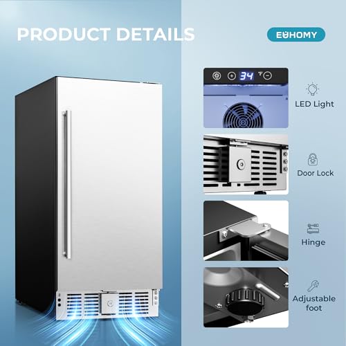 EUHOMY 15 Inch Under Counter Beverage Refrigerator, 125 Can Beverage Fridge with Stainless Steel Door for Beer Wine Soda, Beverage Cooler Built-in and Drink Fridge