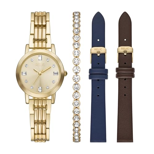RELIC Women's Three-Hand Gold-Tone Alloy Watch and Interchangeable Band Gift Set