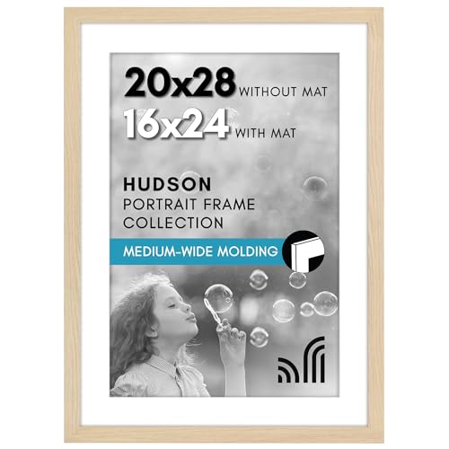 Photo 1 of Americanflat 20x28 Picture Frame with Polished Plexiglass - Use as 16x24 Frame with Mat or 20x28 Frame Without Mat - Hudson Collection - Wide Photo Frame for Wall display - Natural Oak