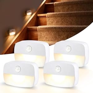 LED Nachtlicht mit Bewegungsmelder, 4 Stück kinder Bewegungslicht mit Batterie, Indoor Treppenbeleuchtung,Auto EIN/AUS Sensor Licht Für Flur, Bad, Schlafzimmer,Orientierungslich (4 Stück Warmweiß)