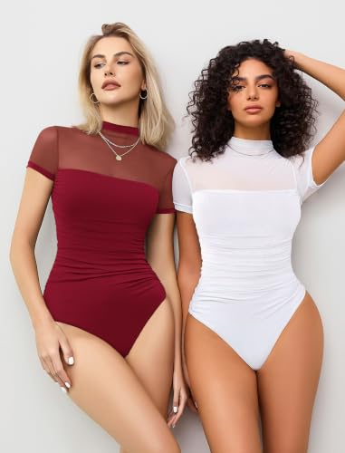 Image of Avidlove Women's Short Sleeve Bodysuit Turtle Neck Body Suits Mesh One Piece Leotard Going Out Tops Date Outfits