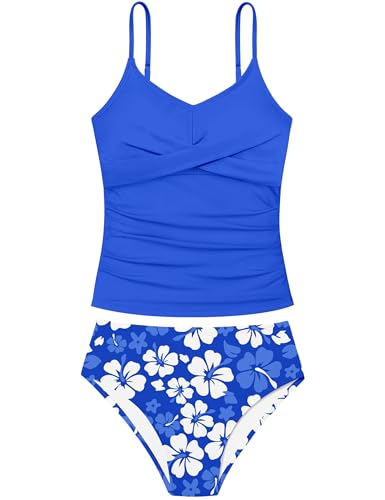 Image of Girls Swimsuit 2 Piece Bathing Suit Criss Cross Ruched Girl Tankini Sets Printed Girls' Swimwear for 9-18 Years