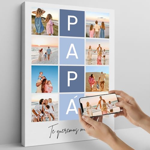 Cristal Plaque Lienzo Personalizado Papá con 8 Fotos y Texto PAPÁ | Cuadro con Fotos en Bastidor de Madera | Regalo Día del Padre, Cumpleaños o Navidad