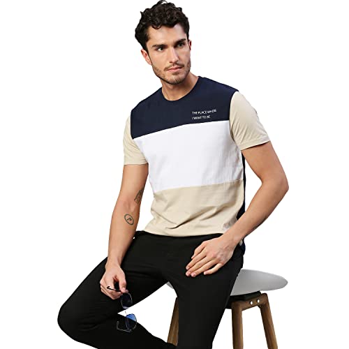 Image of Dennis Lingo Men's Pure Cotton Color Block Half Sleeves Crew Neck T-Shirt