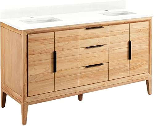 Signature Hardware 459291 Aliso 60" Free Standing Double Vanity Cabinet Set with Wood Cabinet, Vanity Top and Rectangular Undermount Sinks - Single Faucet Hole - Natural Teak/Feathered White