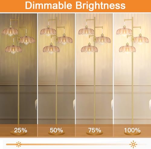 Image of Gold Floor Lamps for Living Room Bedroom-3 Light Glass Floor Lamp with Three Led Bulb, Flower Tall Floor Lamp Dimmable Mid Century Modern Standing Lamp Vintage Tree Floor Lamps for Bedroom Corner