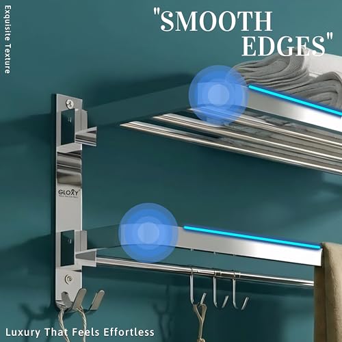 Image of Gloxy Premium Towel Rack in Bathroom Combo Pack of 2-24 Inch Stainless Steel Chrome Finish Bathroom Hangers for Clothes Towel Holder in Bathroom with Extra Hooks - Bathroom Fittings Accessories Set