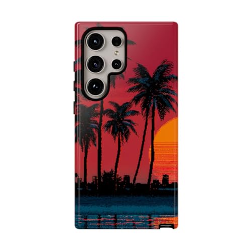 Coque Samsung S24 Ultra silhouette palmiers coucher du soleil rouge rigide brillante
