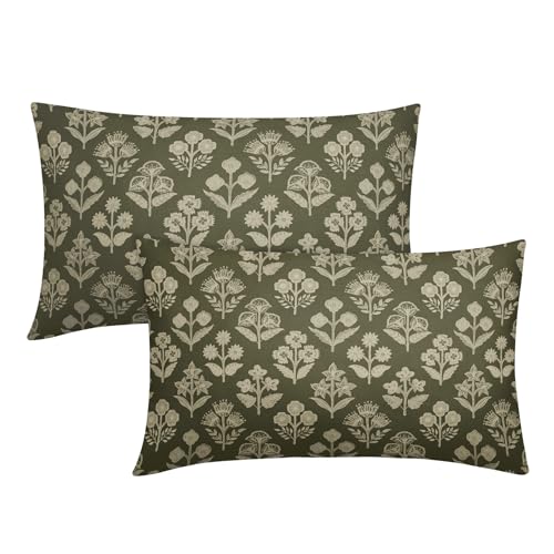 Olive Green Pillow Covers 12x20 Inch Set of 2, Cream Floral Block Print Pattern Lumbar Decorative Throw Pillowcases Outdoor Farmhouse Rectangle Cushion Covers Spring Summer Sofa Couch Bed Decor