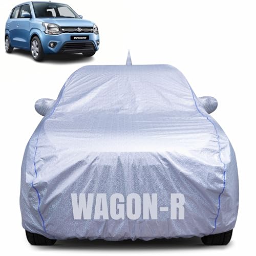 Image of 100% Waterproof Car Body Cover for Maruti Suzuki Wagon R (1999-2024) with Mirror Pocket, Heat & UV Resistant, Triple Stitched, Soft Lining, Bottom Elastic & Piping (Silver Reflective)