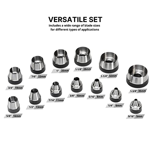 Image of NEIKO 02604A Hole Punch Set | SAE & Metric, 3 /16 inch - 1-3 /8 inch & 5 - 35mm | 14 Piece Sharp Hollow Hole Punch Kit, Gasket Cutting Puncher, Foam Cutter, & Leather Hole Punches | 6 inch Interchangeable