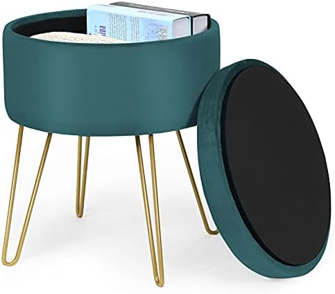 GiantexUK Velvet Storage Footstool, Round Ottoman with Metal Legs and Removable Lid, Upholstered Modern Dressing Table Stool for Living Room, Fitting Room, Bedroom and Office (Dark Green)