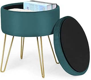 GiantexUK Velvet Storage Footstool, Round Ottoman with Metal Legs and Removable Lid, Upholstered Modern Dressing Table Stool for Living Room, Fitting Room, Bedroom and Office (Dark Green)