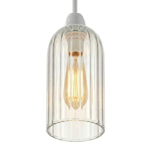 Image of Clear Ribbed Glass Lamp Shade, Modern Cylinder Pendant Light Shade Replacement, E27 Easy Fit Ceiling Lampshade for Kitchen Dining Room Bedroom, Transparent Glass Light Cover 20cm Height
