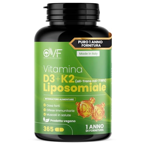 OVF Vitamina D3 K2 Alto Dosaggio 365 Capsule Vegano Vitamina D3 + K2 Liposomiale (MK-7) Calcio e Fosforo Ossa e Denti Crescita Funzione Muscolare Senza Glutine, Soia e Lattosio Made in Italy