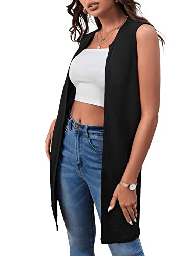 Verdusa Women's Sleeveless Long Vest Cardigan Open Front Coat Outerwear Black M #TOP2