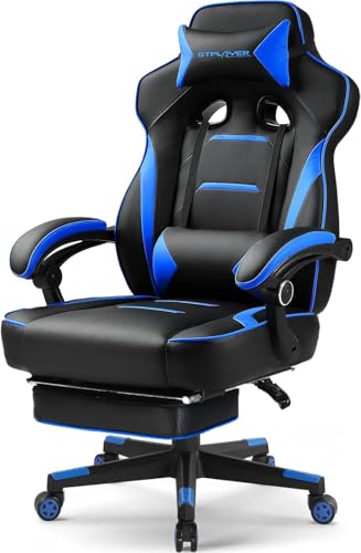 【人気】ゲーミングチェア オフィスチェア リクライニングチェア オットマン付 青 ゲーミングチェア」売れ筋ランキング オットマン付きが人気