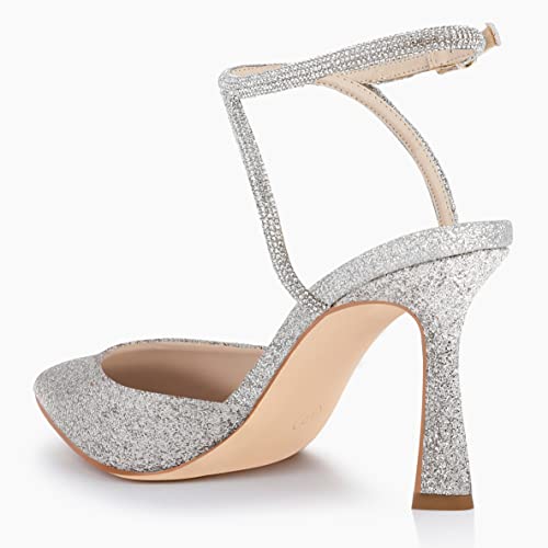 Image of Coutgo Women Rhinestone Heels Kitten High Satin Pumps Pointed Toe Sparkly Sexy Wedding Dress Shoes
