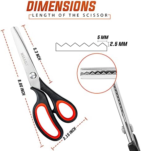 Makasla Ergonomic Pinking Shears, Zig Zag Scissors, Red, Stainless Steel, 5.3 Inch Blade, Ambidextrous, Ideal for Fabric, Leather, Paper, Sewing, Crafting - 4
