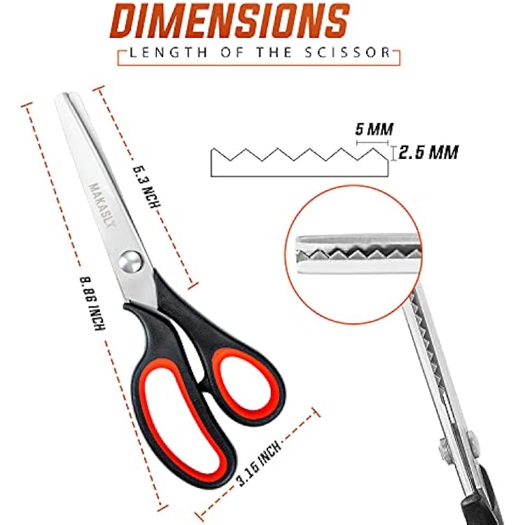Pinking Shears - Fabric Craft Scissors with Decorative Edge, Zig Zag Blade, Professional Sewing Shear for Fabric/Leather/Paper (Red)