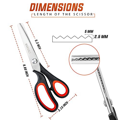Makasla Pinking Shears - Fabric Craft Scissors with Decorative Edge, Zig Zag Blade, Professional Sewing Shear for Fabric/Leather/Paper (Red)