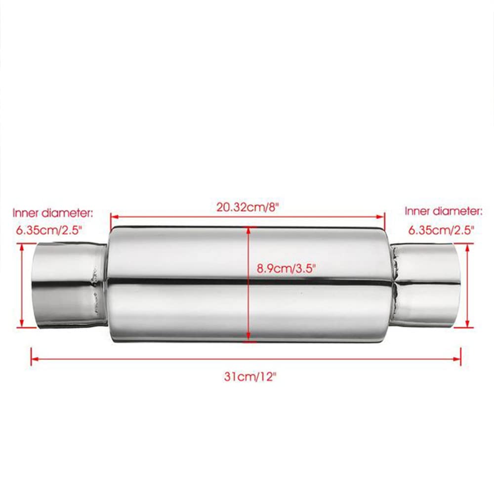 Baceyong Silenciador de escape recto, entrada de 2,5 pulg. Salida de 2,5 pulg. silenciador de escape universal de acero inoxidable, redondo recto de 31 cm/12 pulg. silenciador plateado largo